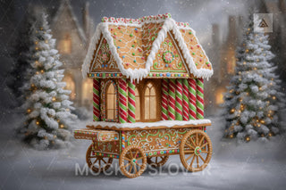 Christmas Digital Backdrop, Gingerbread House, Winter Wonderland Photo Background, Holiday Kids Prop, Farm Cart, Photoshop & Canva Template