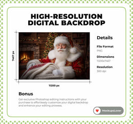 Christmas Digital Backdrop, Santa Claus, Cozy Farmhouse Christmas Photo Background, Holiday Kids Prop, Photoshop & Canva Template