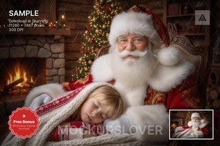 santa claus with cozy farmhouse christmas backdrop; perfect for holiday kids photo using photoshop or canva templates