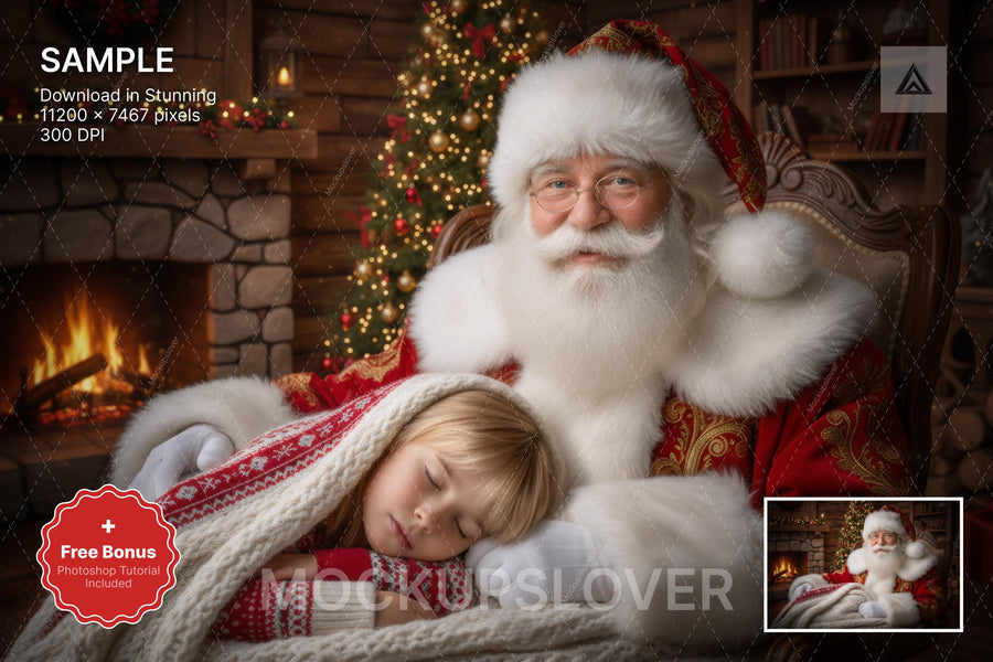 santa claus with cozy farmhouse christmas backdrop; perfect for holiday kids photo using photoshop or canva templates