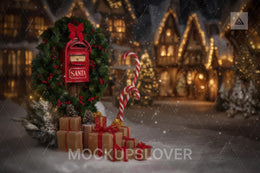 Christmas Digital Backdrop, Red Mailbox, Letter To Santa, Village, Winter Wonderland Photo Background, Holiday Kids Prop, Photoshop Template