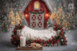 Farm Christmas Newborn Digital Backdrop, Rustic Photo Background, Red Barn, Winter Wonderland, Holiday Baby Prop, Photoshop & Canva Template