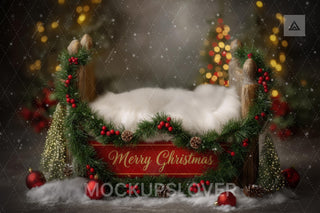 Merry Christmas Newborn Digital Backdrop, Wooden Bed, Woodland Baby Photo Background, Holiday Prop, Photoshop/Canva Template, Photo Editing