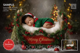 christmas newborn scene with woodland background, perfect for holiday photo props