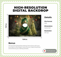 Newborn Face Swap Overlay, Christmas Tree Digital Backdrop, Green Studio Photo Background, Holiday Baby Prop, Photoshop & Canva Template