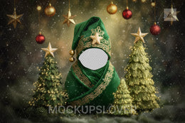 Newborn Face Swap Overlay, Christmas Tree Digital Backdrop, Green Studio Photo Background, Holiday Baby Prop, Photoshop & Canva Template