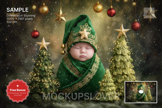 newborn face swap overlay with christmas tree backdrop, perfect for holiday photo sessions