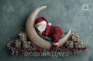 Little Santa Face Swap Overlay, First Christmas Baby Digital Backdrop, Crescent Moon Studio Photo Background, Holiday Newborn Prop