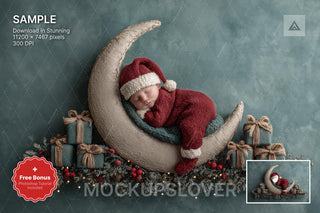 cute santa face swap overlay on a digital christmas backdrop, ideal for holiday newborn photography