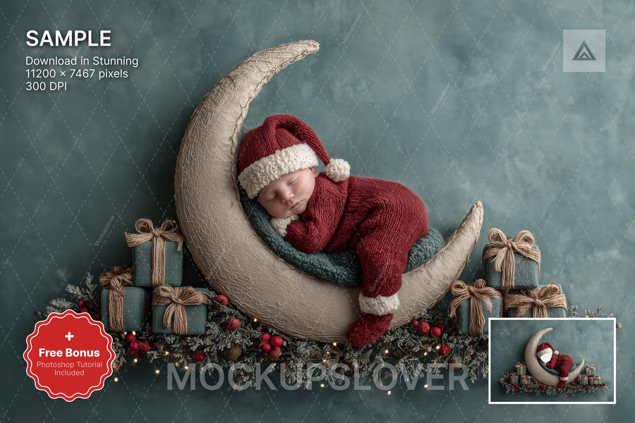 cute santa face swap overlay on a digital christmas backdrop, ideal for holiday newborn photography