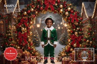 christmas arch in winter wonderland with snow, decorated christmas village, perfect for holiday kids photo backdrop