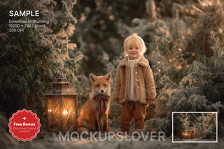 red fox in winter forest with christmas backdrop, ideal for holiday kids photo props