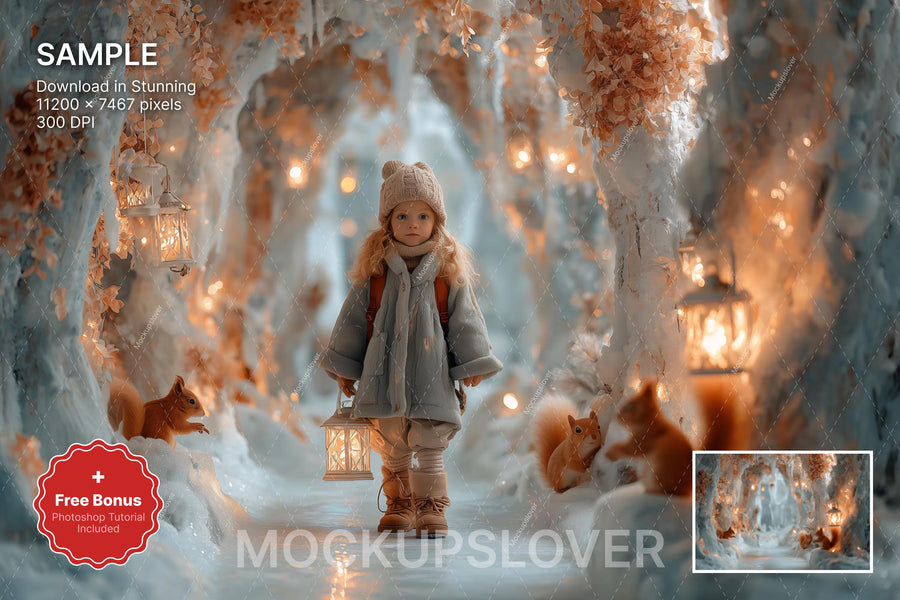 winter scene with snow, lanterns, and woodland animals, ideal for holiday photo shoots
