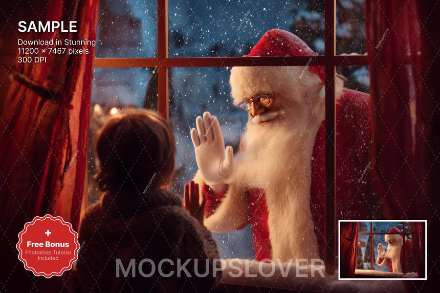 santa claus in winter wonderland christmas window backdrop for holiday portrait