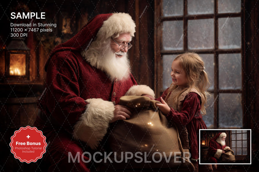 santa claus workshop scene with christmas decorations, perfect for holiday photo props