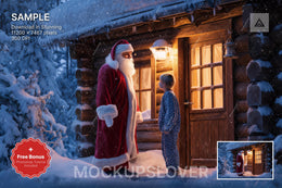 santa claus figure with christmas house and north pole background for holiday photos
