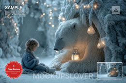 polar bear in winter digital backdrop with woodland animals for christmas photo or holiday kids prop