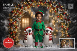 scene with christmas penguins in winter wonderland, suitable for holiday photo backgrounds