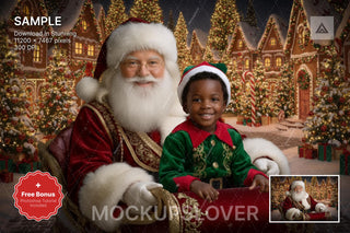 christmas village scene with santa claus, sleigh, and festive decorations, ideal for holiday photo backgrounds