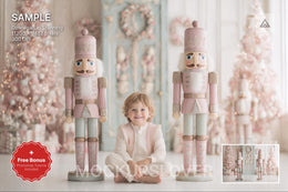 pink christmas nutcracker scene with winter backdrop, suitable for holiday photos
