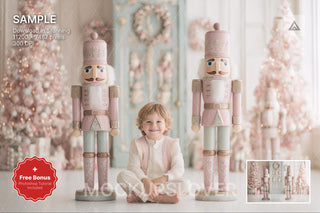 pink christmas nutcracker scene with winter backdrop, suitable for holiday photos