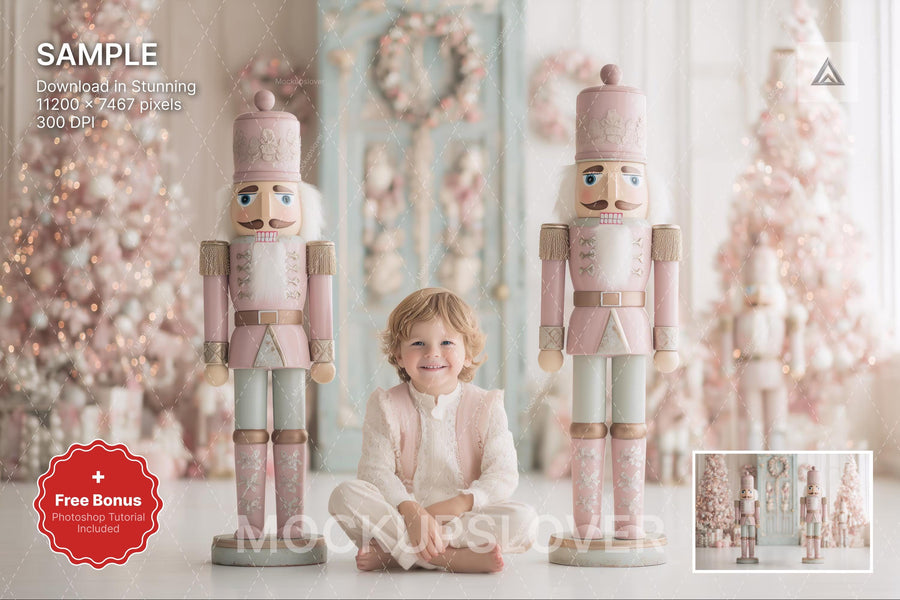 pink christmas nutcracker scene with winter backdrop, suitable for holiday photos