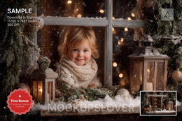 cozy wooden christmas window scene with lanterns and winter landscape background