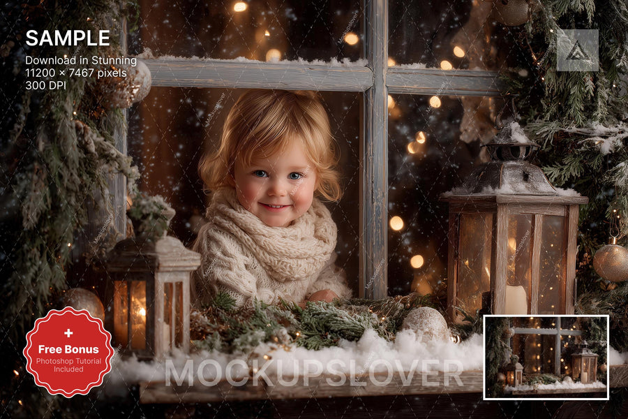 cozy wooden christmas window scene with lanterns and winter landscape background