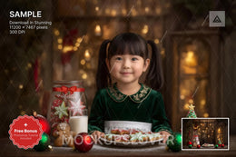 christmas cookies scene with winter landscape background and festive props