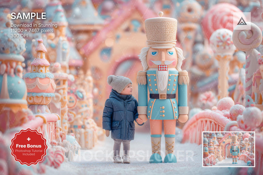 scene of a pink christmas backdrop with nutcracker and candyland props, ideal for holiday photo sessions