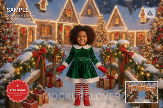 christmas village bridge scene with winter landscape background and festive props