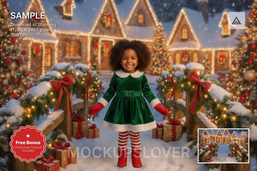 christmas village bridge scene with winter landscape background and festive props