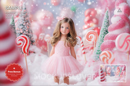 scene of a pink christmas candyland backdrop, perfect for holiday photos and festive scenes