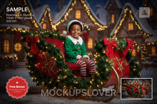 santa sleigh gliding through a christmas village with snowy winter wonderland
