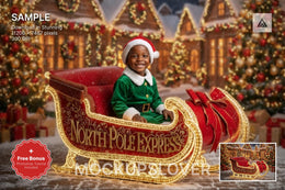 santa sleigh and christmas backdrop in a winter wonderland with north pole decor for holiday photo shoots