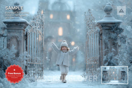 winter palace gate digital backdrop, christmas princess scene, holiday photo prop, kids photography background
