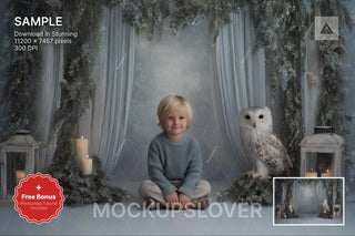 wise owl woodland animal scene for holiday photo backdrop, perfect for kids' winter portraits