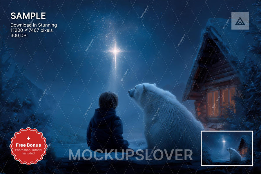 polar bear and north pole scene with christmas star, perfect for holiday photo backgrounds