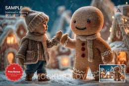 giant gingerbread cookies in a christmas village, perfect digital backdrop for holiday photos or templates