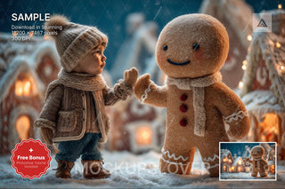 giant gingerbread cookies in a christmas village, perfect digital backdrop for holiday photos or templates
