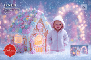 gingerbread house scene with winter landscape background and festive props