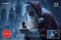 santa claus inside a glass globe in a winter wonderland setting with christmas decorations