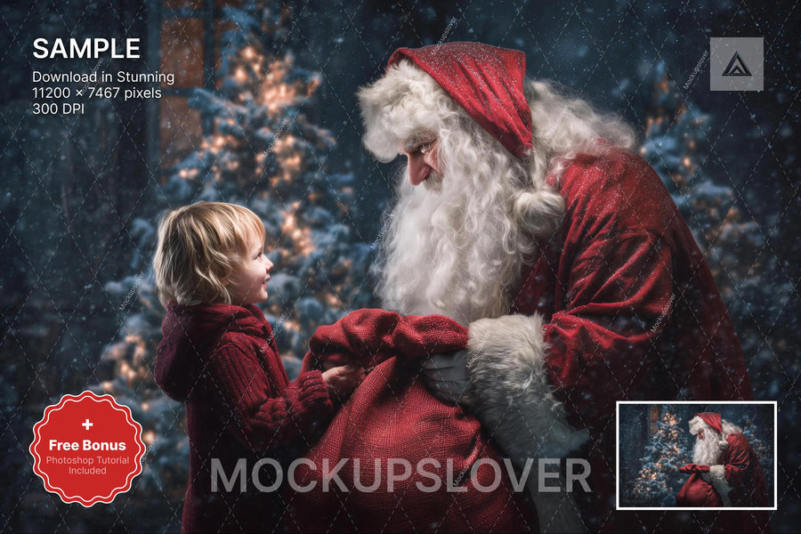 digital backdrop of santa claus with gifts in a winter wonderland, perfect for christmas photo backgrounds