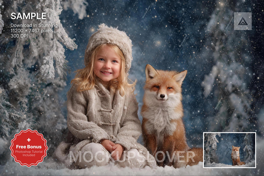 red fox in a winter forest with snow-covered trees and woodland creatures