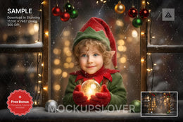 children posing with christmas window digital backdrop in winter wonderland scene for holiday portrait editing