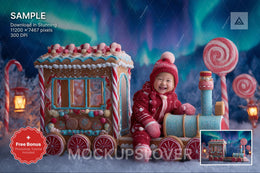 gingerbread train scene with candyland elements, ideal for holiday photo shoots