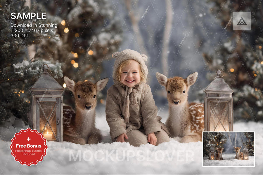 winter woodland animals scene with reindeer and festive forest backdrop