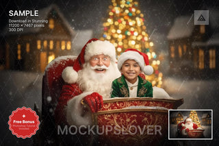 santa sleigh scene with north pole background, ideal for holiday photography and kids' christmas portraits