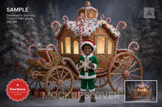 gingerbread carriage in a snowy winter forest, perfect for holiday photo backgrounds and festive scenes