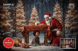 christmas digital backdrop featuring santa claus and woodland animals for holiday photos